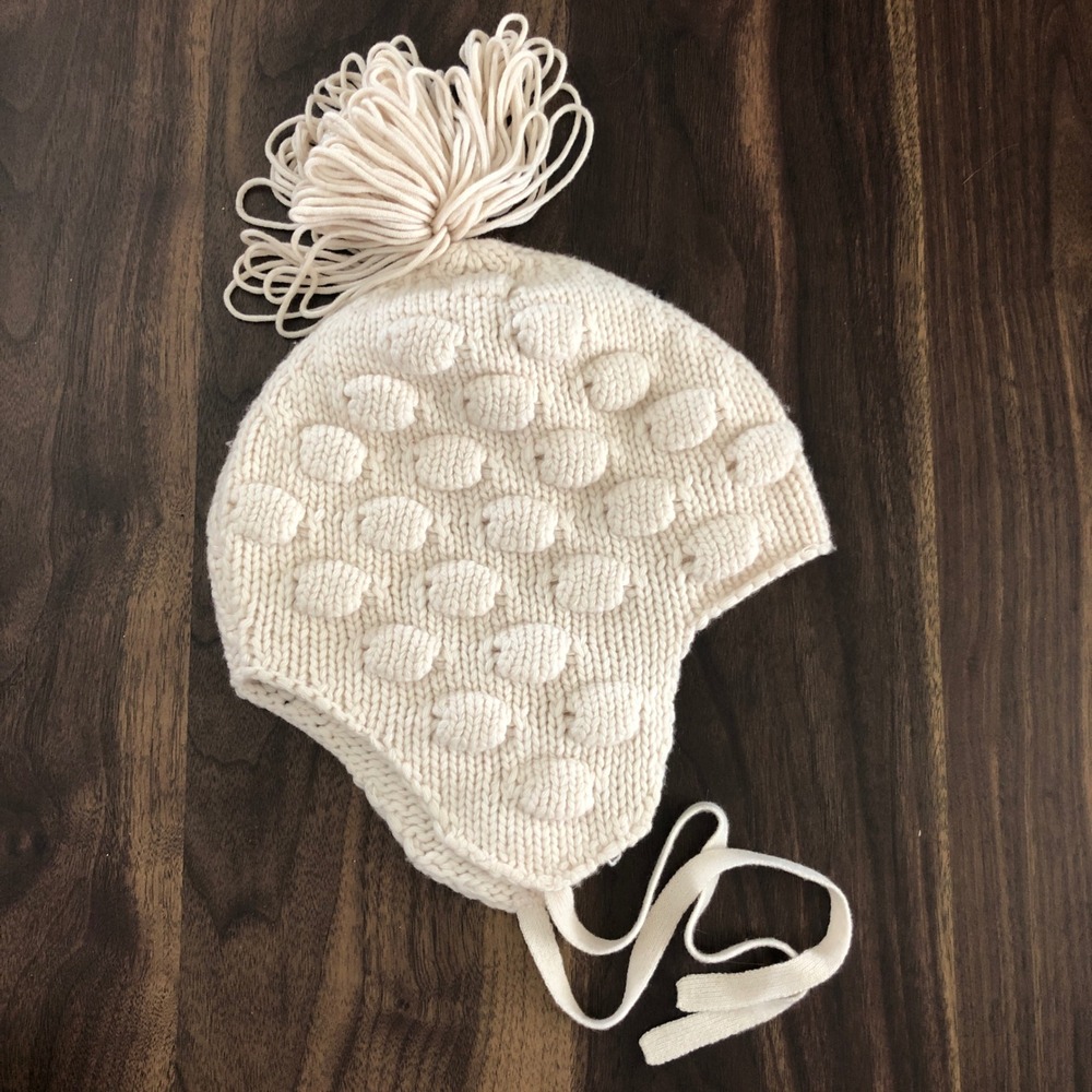 PRADA Wool +Cashmere Beanie Cream Bobble Knit Pom Pom Tie Made‎ in Italy